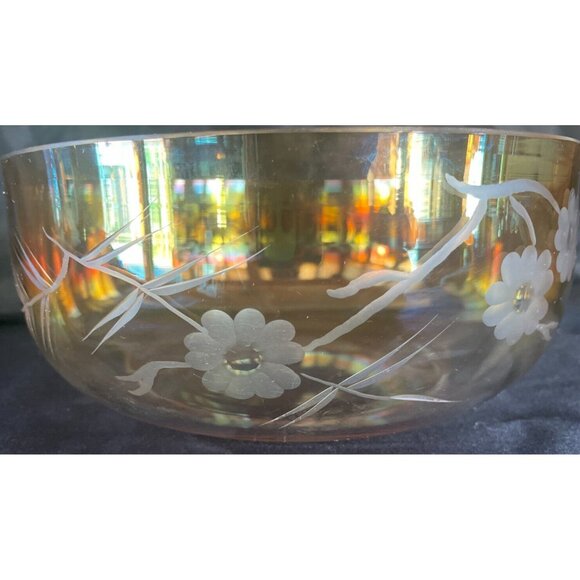 Vintage Mid-Century Amber Iridescent Glass Bowl – 8.5" Etched Floral Design - Picture 5 of 8